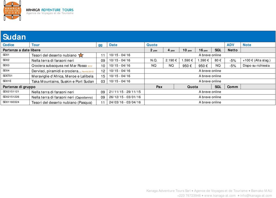 12 10/15-04/16 A breve online SDET01 Meraviglie d Africa, Meroe e Lalibela 15 10/15-04/16 A breve online SD01E Taka Mountains, Suakin e Port Sudan 03 10/15-04/16 A breve online