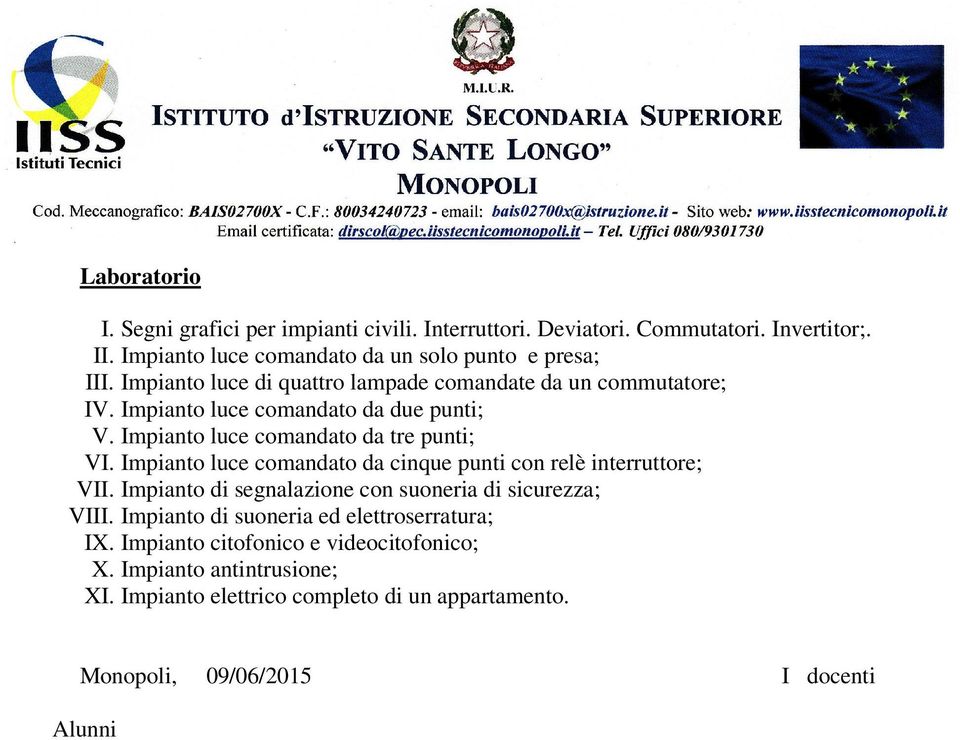 Impianto luce comandato da cinque punti con relè interruttore; VII. Impianto di segnalazione con suoneria di sicurezza; VIII.