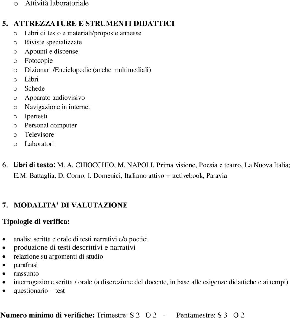 Schede o Apparato audiovisivo o Navigazione in internet o Ipertesti o Personal computer o Televisore o Laboratori 6. Libri di testo: M. A. CHIOCCHIO, M.