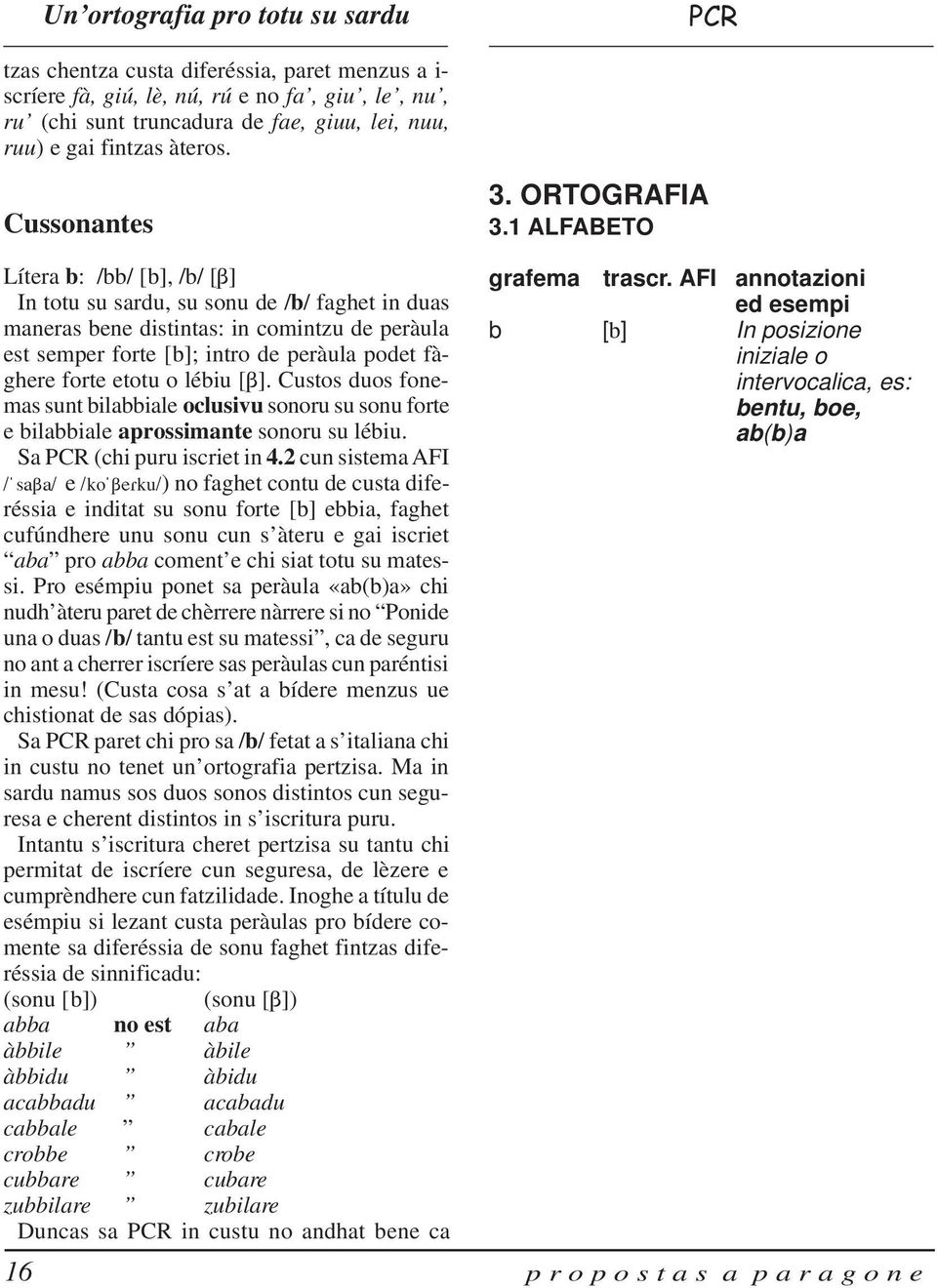 1 ALFABETO Lítera b: /bb/ [b], /b/ [B] In totu su sardu, su sonu de /b/ faghet in duas maneras bene distintas: in comintzu de peràula est semper forte [b]; intro de peràula podet fàghere forte etotu