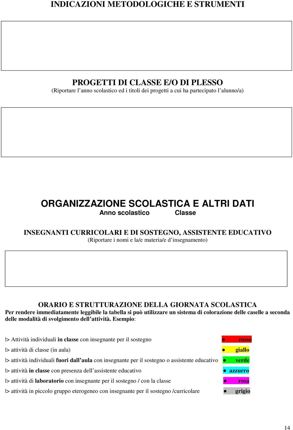 SCOLASTICA Per rendere immediatamente leggibile la tabella si può utilizzare un sistema di colorazione delle caselle a seconda delle modalità di svolgimento dell attività.