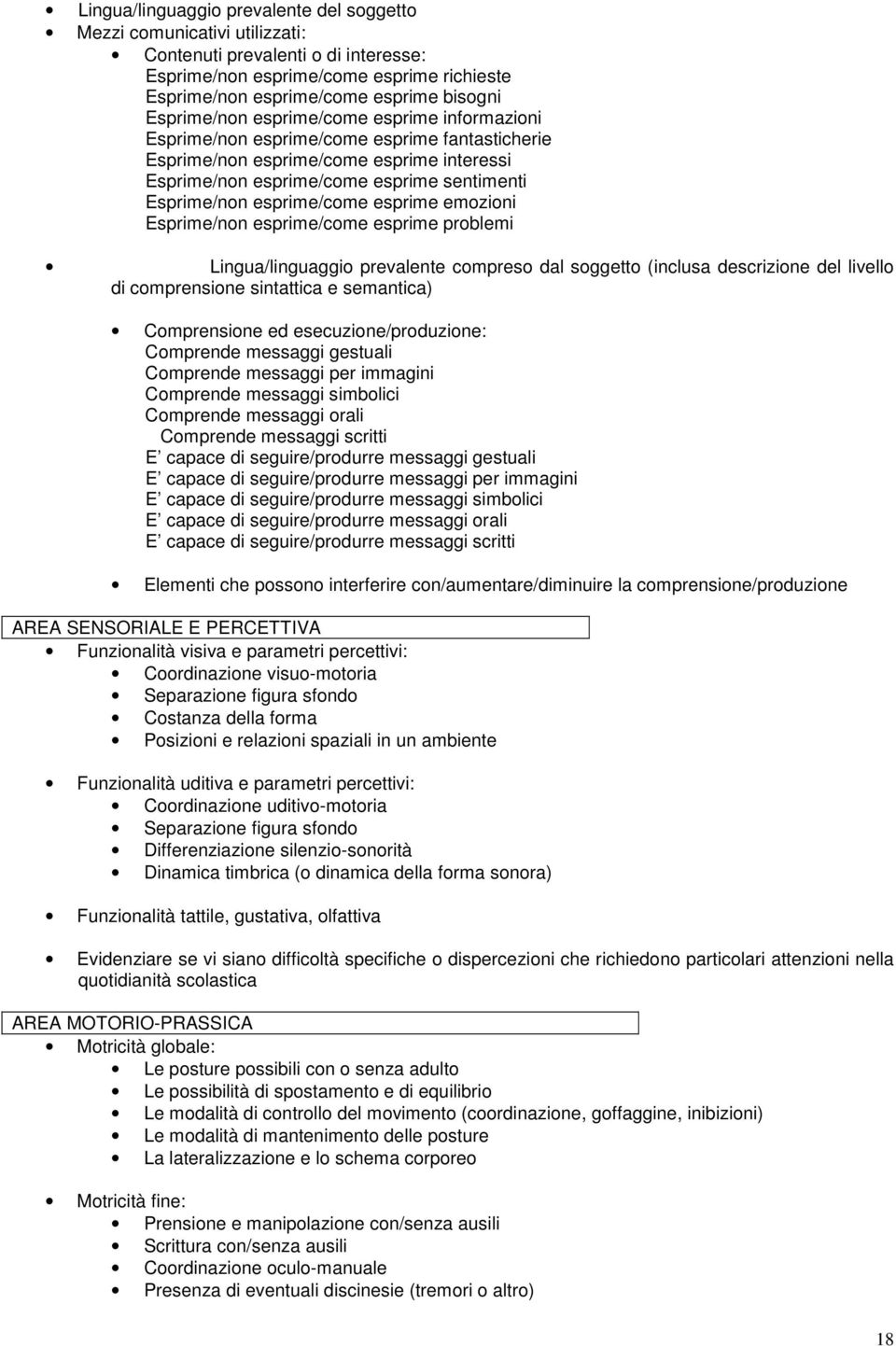 esprime/come esprime emozioni Esprime/non esprime/come esprime problemi Lingua/linguaggio prevalente compreso dal soggetto (inclusa descrizione del livello di comprensione sintattica e semantica)