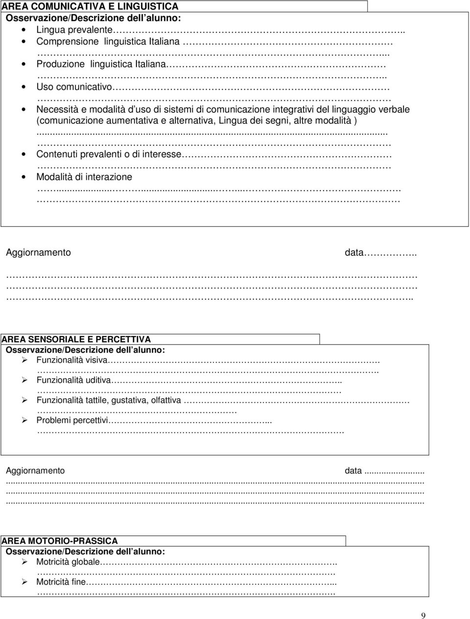 .. Contenuti prevalenti o di interesse Modalità di interazione.......... Aggiornamento data.... AREA SENSORIALE E PERCETTIVA Osservazione/Descrizione dell alunno: Funzionalità visiva.