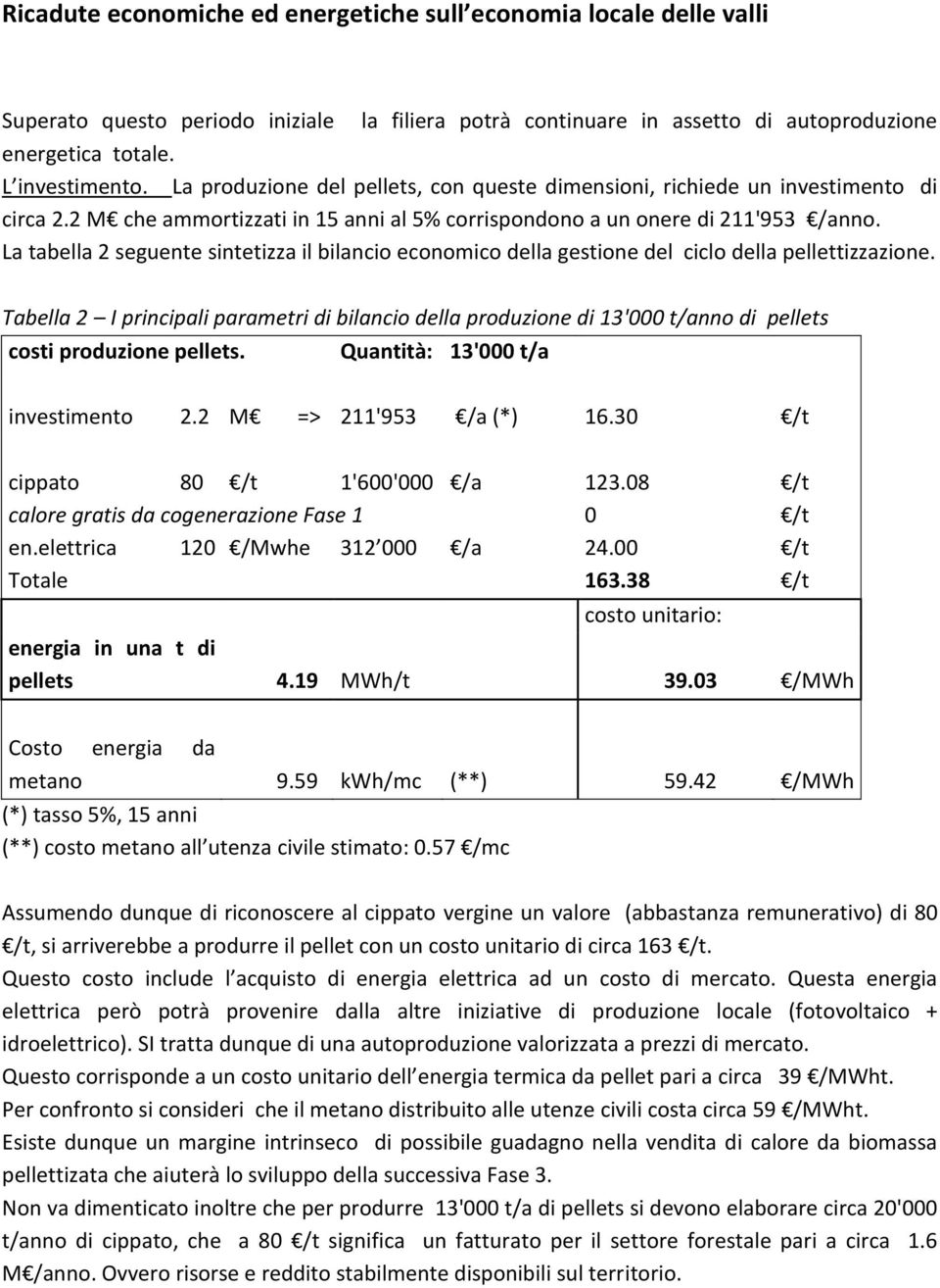 La tabella 2 seguente sintetizza il bilancio economico della gestione del ciclo della pellettizzazione.