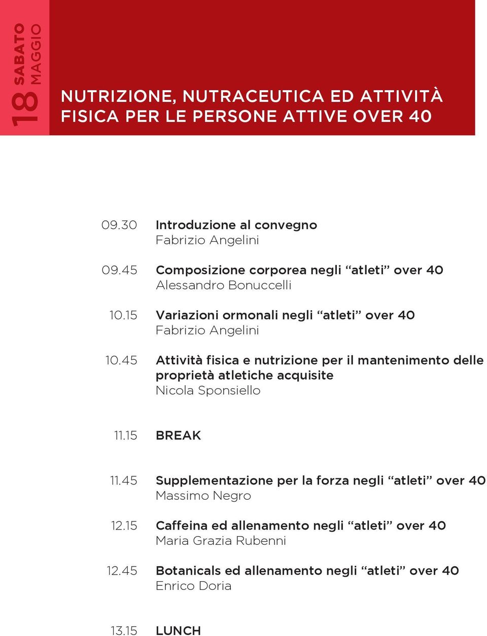 Fabrizio Angelini Attività fisica e nutrizione per il mantenimento delle proprietà atletiche acquisite Nicola Sponsiello 11.15 11.45 12.15 12.