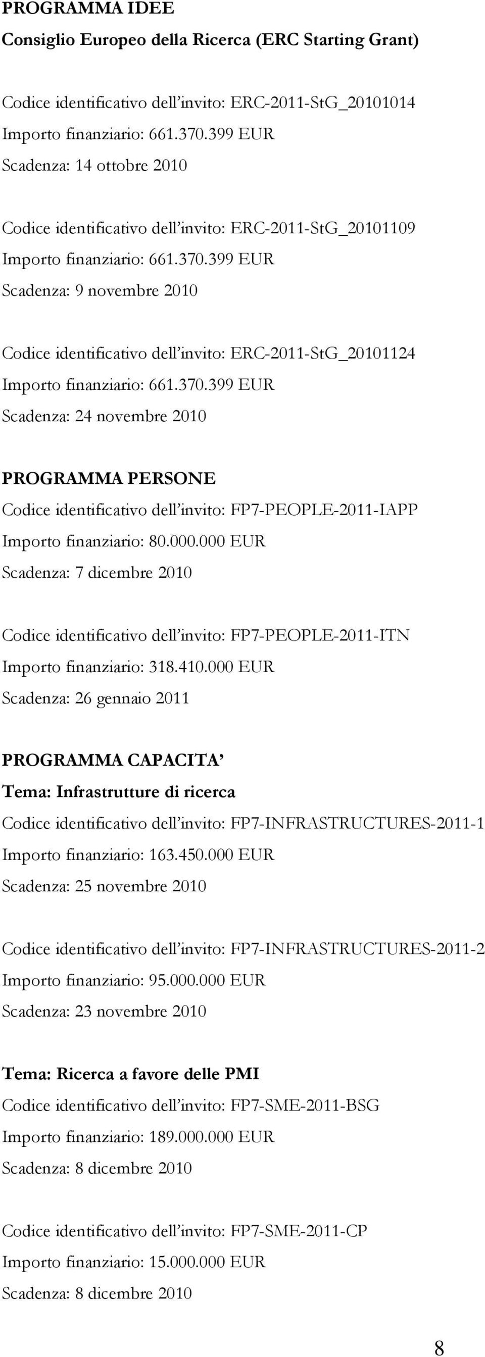 399 EUR Scadenza: 9 novembre 2010 Codice identificativo dell invito: ERC-2011-StG_20101124 Importo finanziario: 661.370.