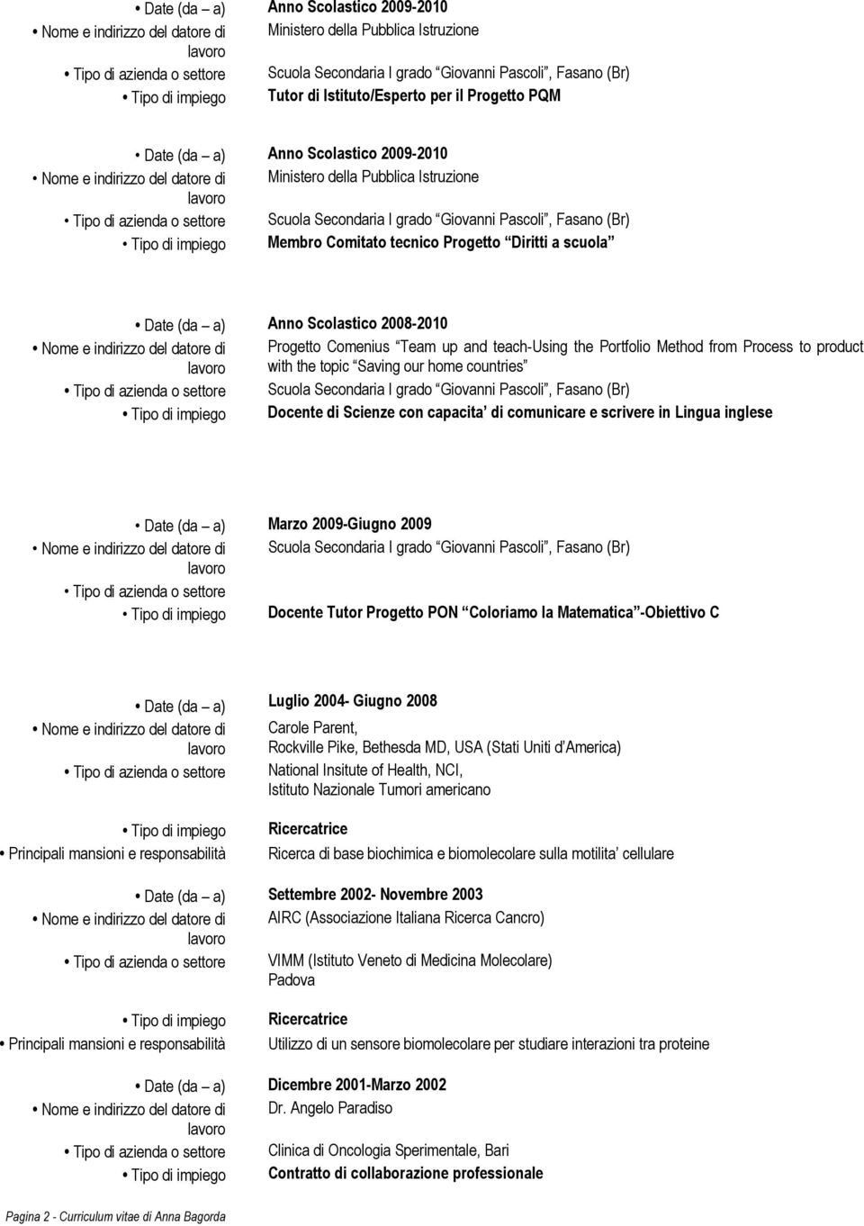 countries Tipo di impiego Docente di Scienze con capacita di comunicare e scrivere in Lingua inglese Date (da a) Marzo 2009-Giugno 2009 Nome e indirizzo del datore di Scuola Secondaria I grado