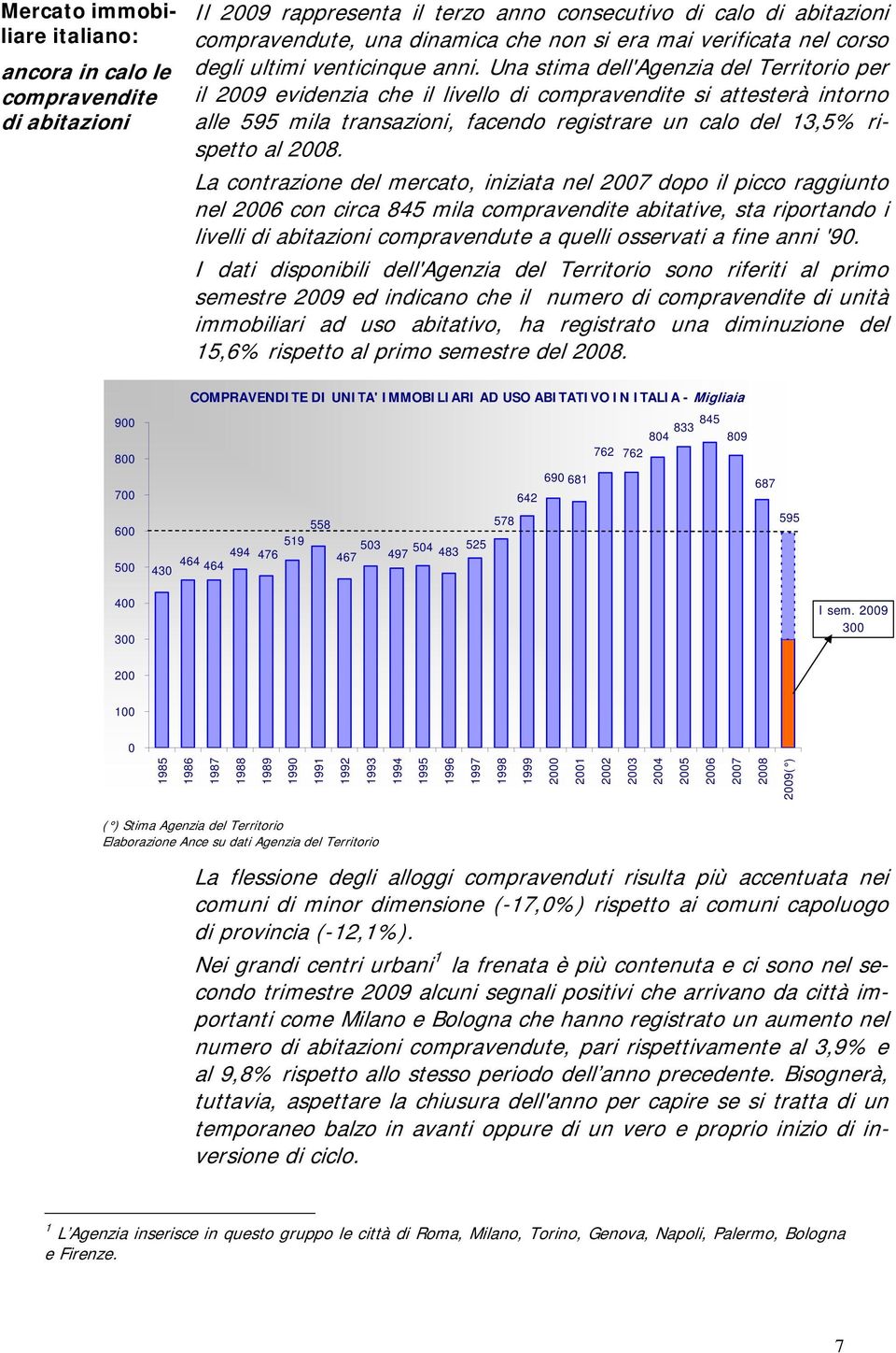 Una stima dell'agenzia del Territorio per il 2009 evidenzia che il livello di compravendite si attesterà intorno alle 595 mila transazioni, facendo registrare un calo del 13,5% rispetto al 2008.