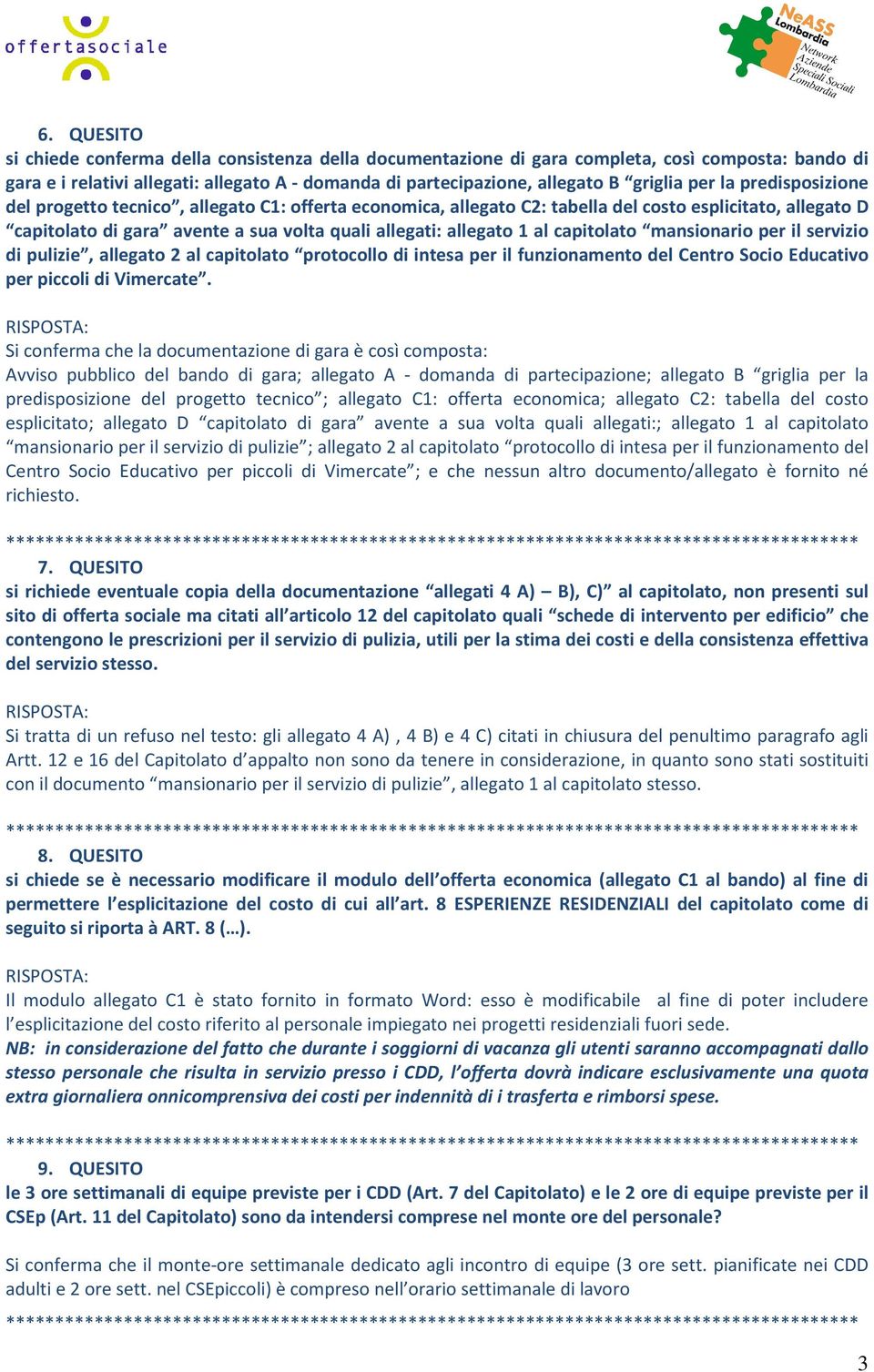 capitolato mansionario per il servizio di pulizie, allegato 2 al capitolato protocollo di intesa per il funzionamento del Centro Socio Educativo per piccoli di Vimercate.