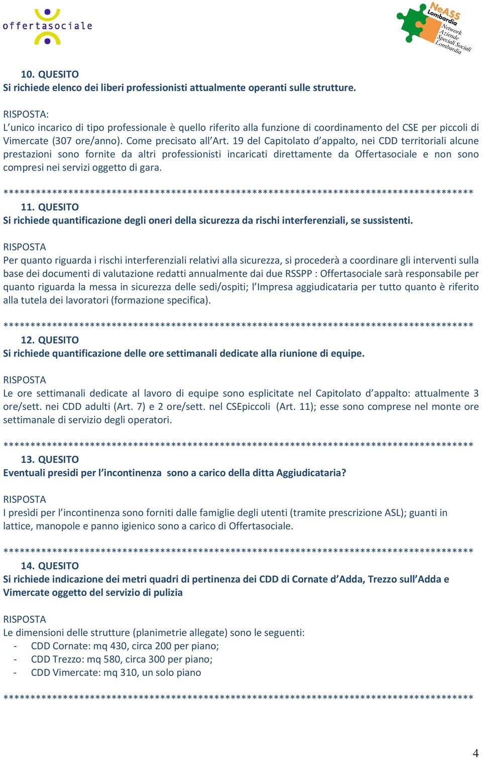 19 del Capitolato d appalto, nei CDD territoriali alcune prestazioni sono fornite da altri professionisti incaricati direttamente da Offertasociale e non sono compresi nei servizi oggetto di gara. 11.