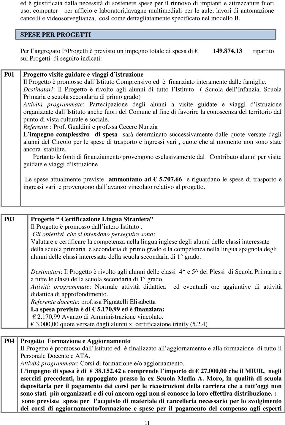 874,13 ripartito sui Progetti di seguito indicati: P01 Progetto visite guidate e viaggi d istruzione Il Progetto è promosso dall Istituto Comprensivo ed è finanziato interamente dalle famiglie.