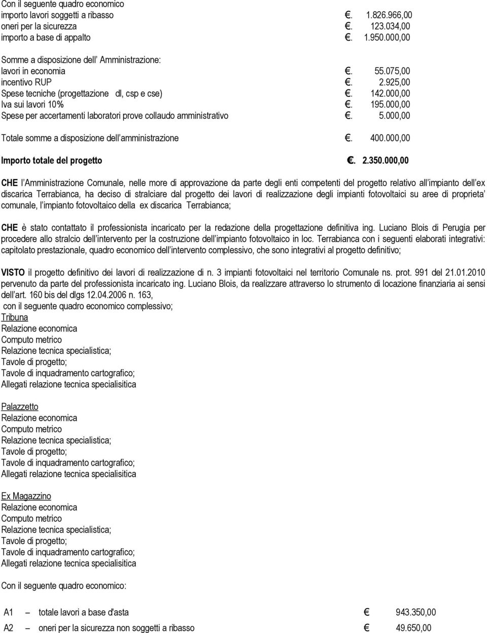 000,00 Spese per accertamenti laboratori prove collaudo amministrativo. 5.000,00 Totale somme a disposizione dell amministrazione. 400.000,00 Importo totale del progetto. 2.350.