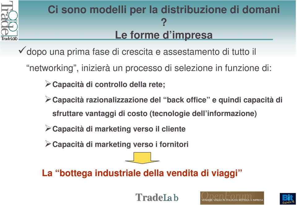 selezione in funzione di: Capacità di controllo della rete; Capacità razionalizzazione del back office e quindi