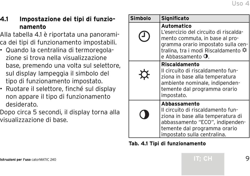 Ruotare il selettore, finché sul display non appare il tipo di funzionamento desiderato. Dopo circa 5 secondi, il display torna alla visualizzazione di base.