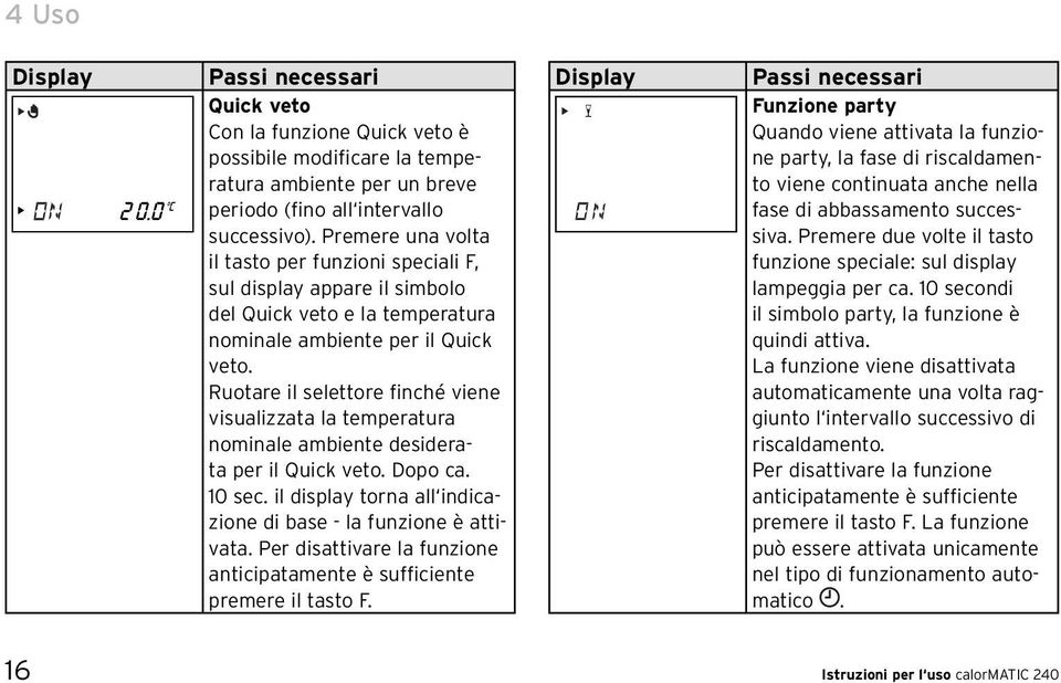 Ruotare il selettore finché viene visualizzata la temperatura nominale ambiente desiderata per il Quick veto. Dopo ca. 10 sec. il display torna all indicazione di base - la funzione è attivata.