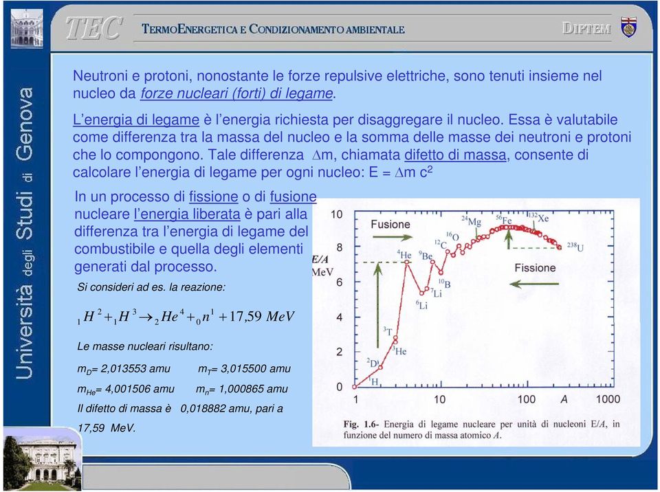 Tale differenza m, chiamata difetto di massa, consente di calcolare l energia di legame per ogni nucleo: E = m c 2 In un processo di fissione o di fusione nucleare l energia liberata è pari alla