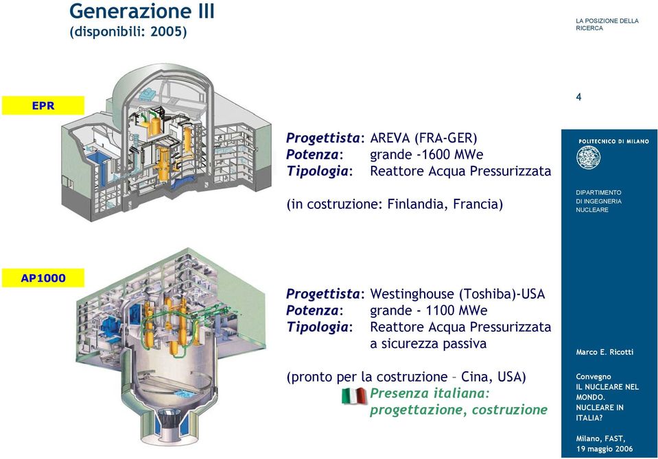 Westinghouse (Toshiba)-USA Potenza: grande - 1100 MWe Tipologia: Reattore Acqua Pressurizzata a