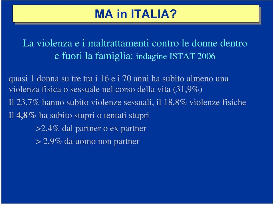 quasi 1 donna su tre tra i 16 e i 70 anni ha subito almeno una violenza fisica o sessuale nel