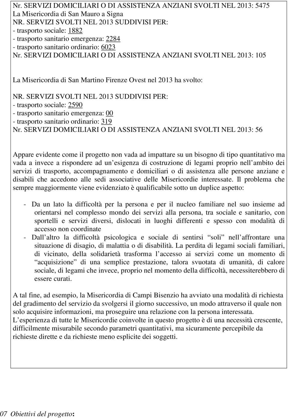 SERVIZI DOMICILIARI O DI ASSISTENZA ANZIANI SVOLTI NEL 2013: 105 La Misericordia di San Martino Firenze Ovest nel 2013 ha svolto: NR.