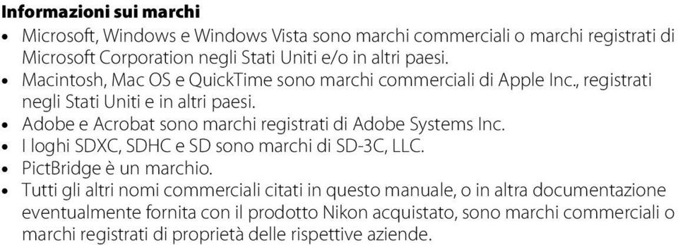 Adobe e Acrobat sono marchi registrati di Adobe Systems Inc. I loghi SDXC, SDHC e SD sono marchi di SD-3C, LLC. PictBridge è un marchio.