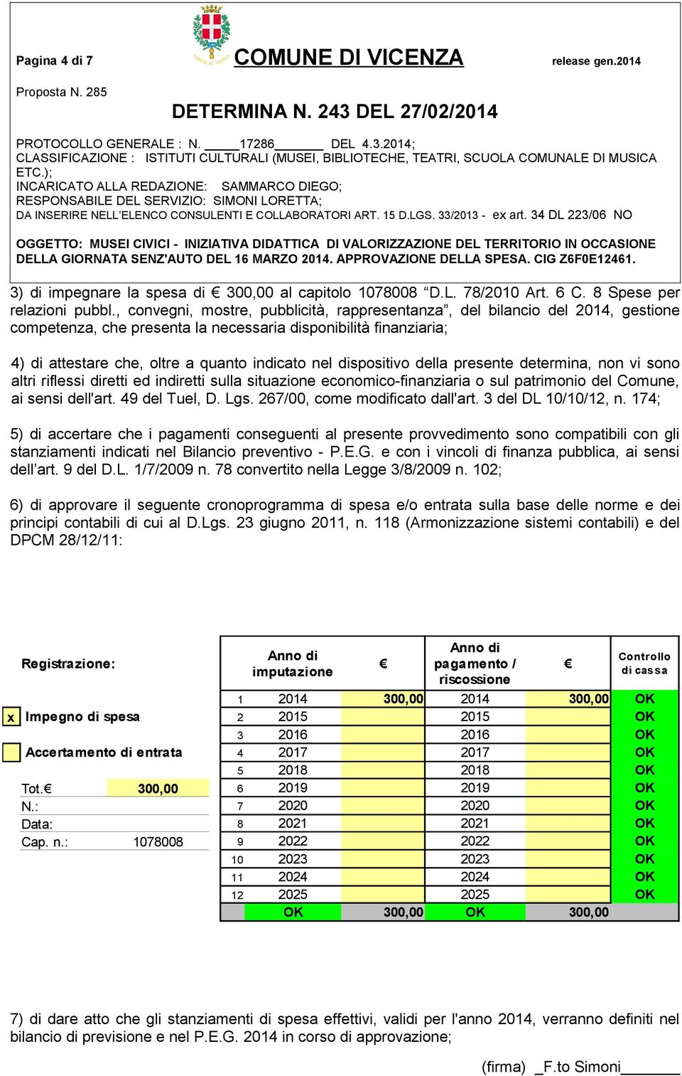 dispositivo della presente determina, non vi sono altri riflessi diretti ed indiretti sulla situazione economico-finanziaria o sul patrimonio del Comune, ai sensi dell'art. 49 del Tuel, D. Lgs.