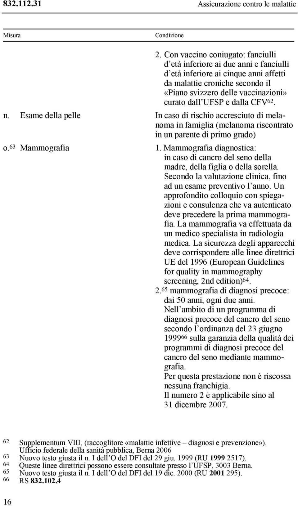 dalla CFV 62. n. Esame della pelle In caso di rischio accresciuto di melanoma in famiglia (melanoma riscontrato in un parente di primo grado) o. 63 Mammografia 1.