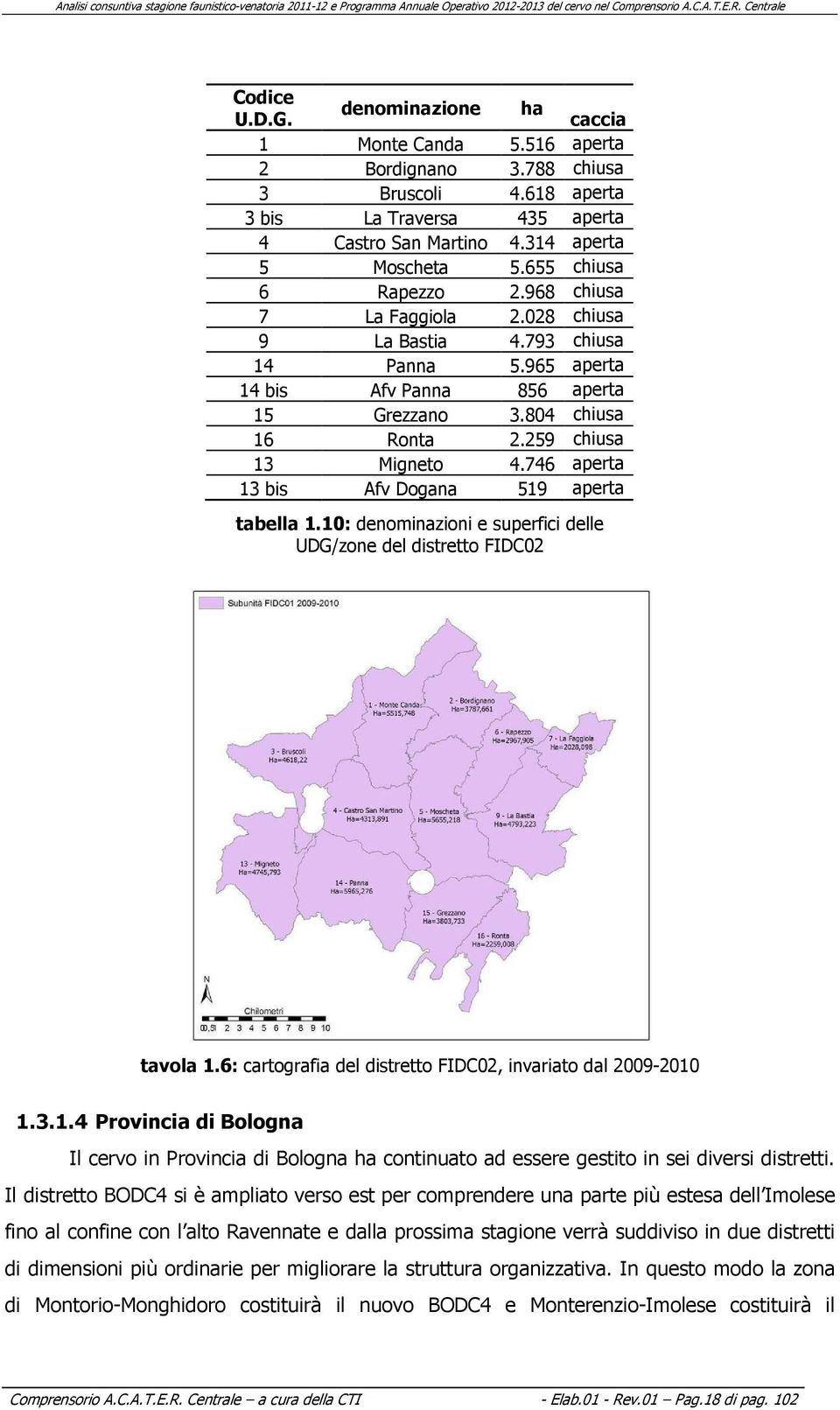 746 aperta 3 bis Afv Dogana 59 aperta tabella.0: denominazioni e superfici delle UDG/zone del distretto FIDC02 tavola.6: cartografia del distretto FIDC02, invariato dal 2009-200.3..4 Provincia di Bologna Il cervo in Provincia di Bologna ha continuato ad essere gestito in sei diversi distretti.