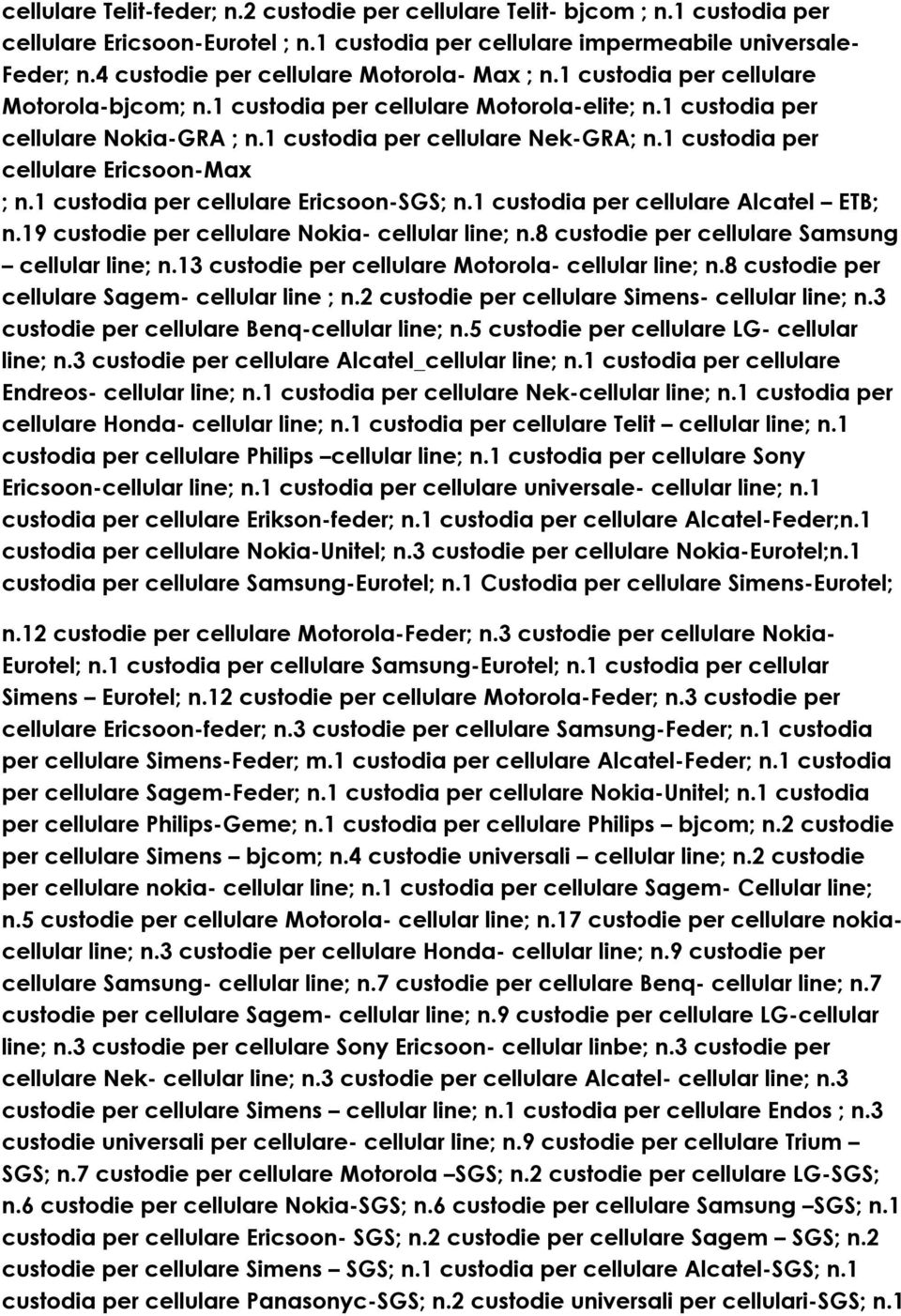 1 custodia per cellulare Nek-GRA; n.1 custodia per cellulare Ericsoon-Max ; n.1 custodia per cellulare Ericsoon-SGS; n.1 custodia per cellulare Alcatel ETB; n.