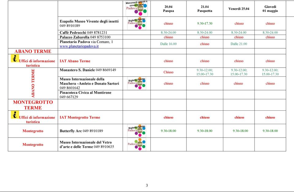 00 8.30-24.00 8.30-24.00 8.30-24.00 Palazzo Zabarella 049 8753100 Planetario Padova via Cornaro, 1 www.planetariopadova.it Dalle 16.00 Dalle 21.00 IAT Abano Terme Monastero S.