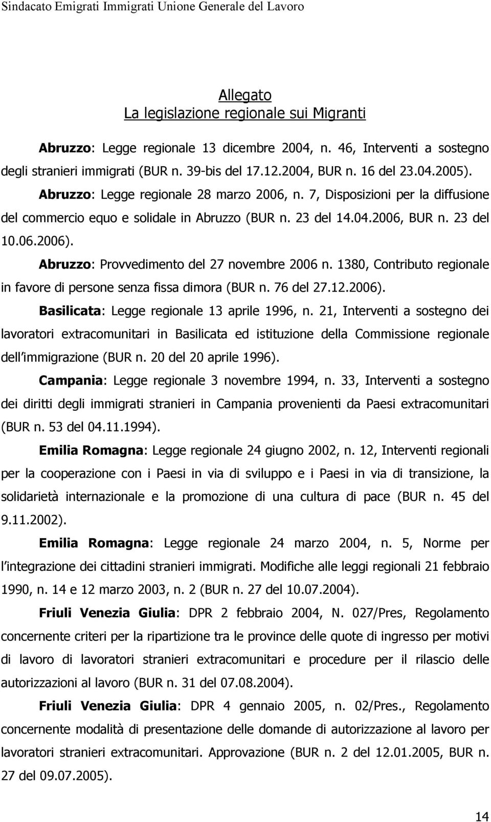 Abruzzo: Provvedimento del 27 novembre 2006 n. 1380, Contributo regionale in favore di persone senza fissa dimora (BUR n. 76 del 27.12.2006). Basilicata: Legge regionale 13 aprile 1996, n.