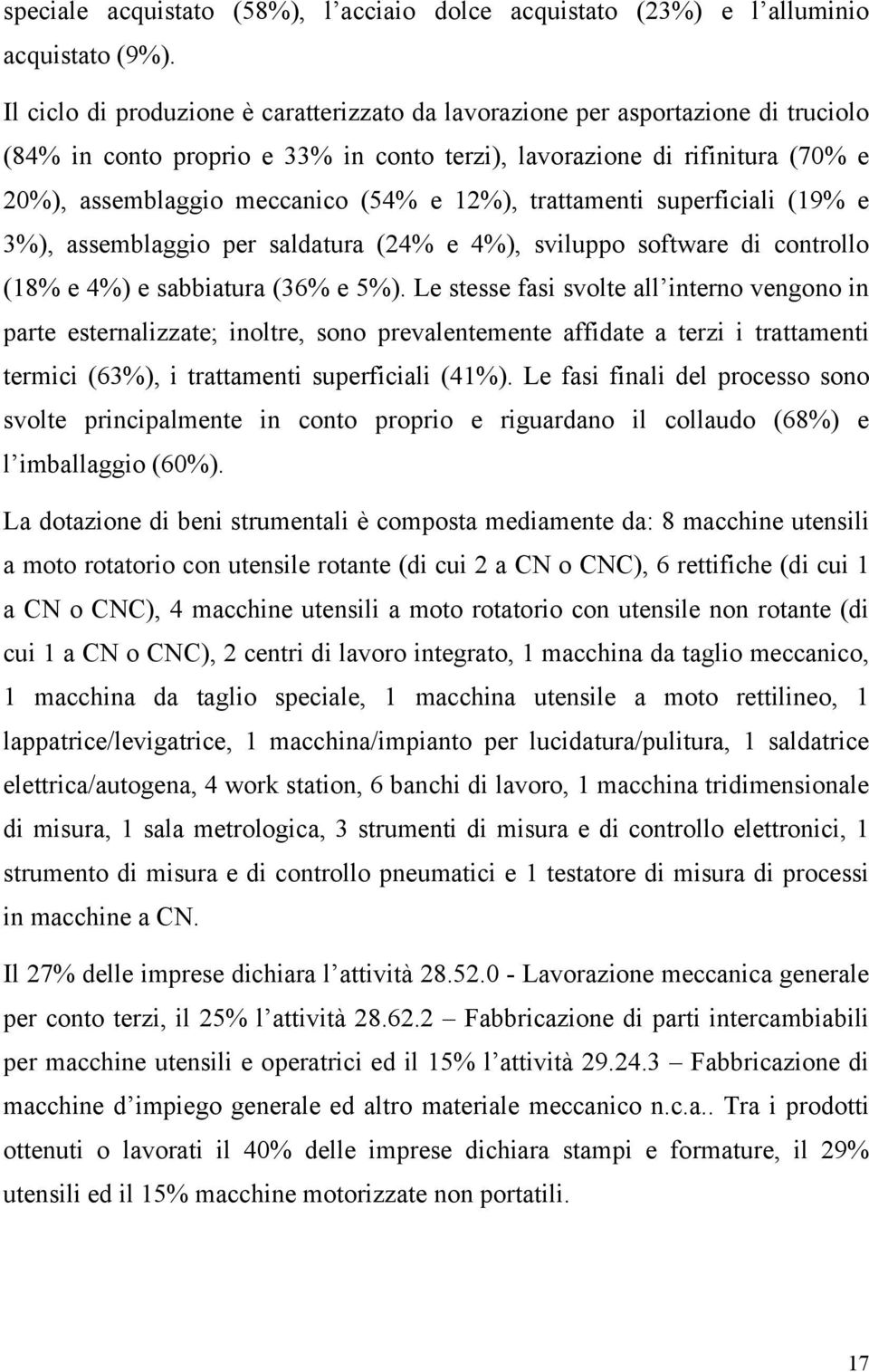 12%), trattamenti superficiali (19% e 3%), assemblaggio per saldatura (24% e 4%), sviluppo software di controllo (18% e 4%) e sabbiatura (36% e 5%).