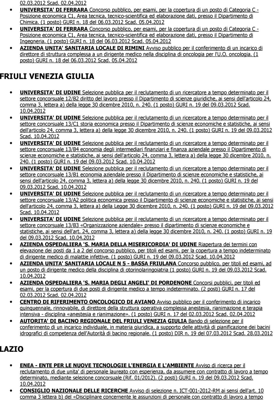 Dipartimento di Chimica. (1 posto) GURI n. 18 del 06.03.2012 Scad. 05.04.