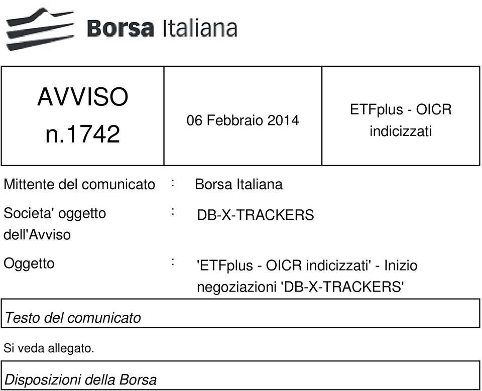 comunicato : Borsa Italiana Societa' oggetto dell'avviso :