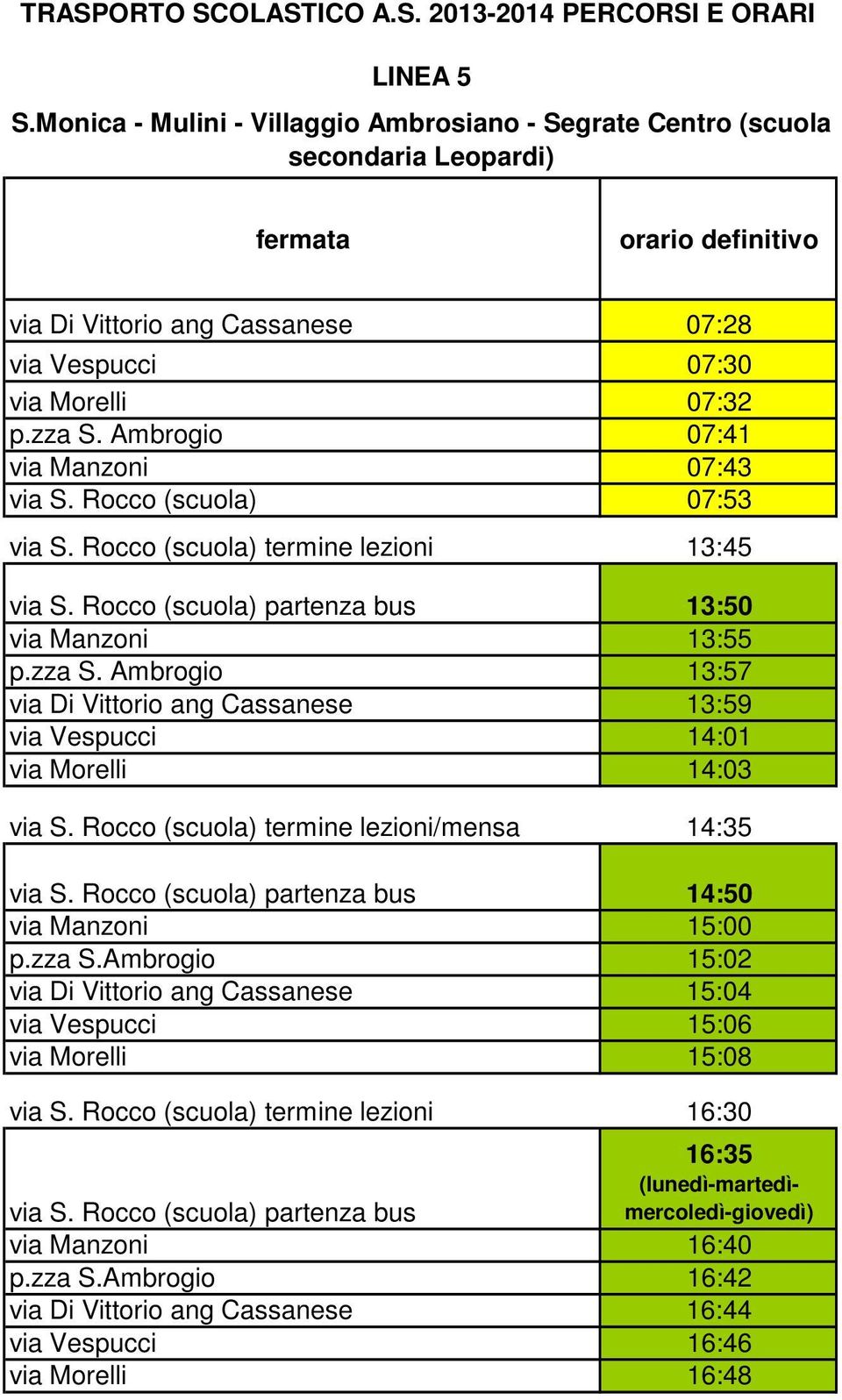 Ambrogio 13:57 via Di Vittorio ang Cassanese 13:59 via Vespucci 14:01 via Morelli 14:03 via S. Rocco (scuola) termine lezioni/mensa 14:35 via S. Rocco (scuola) partenza bus 14:50 via Manzoni 15:00 p.