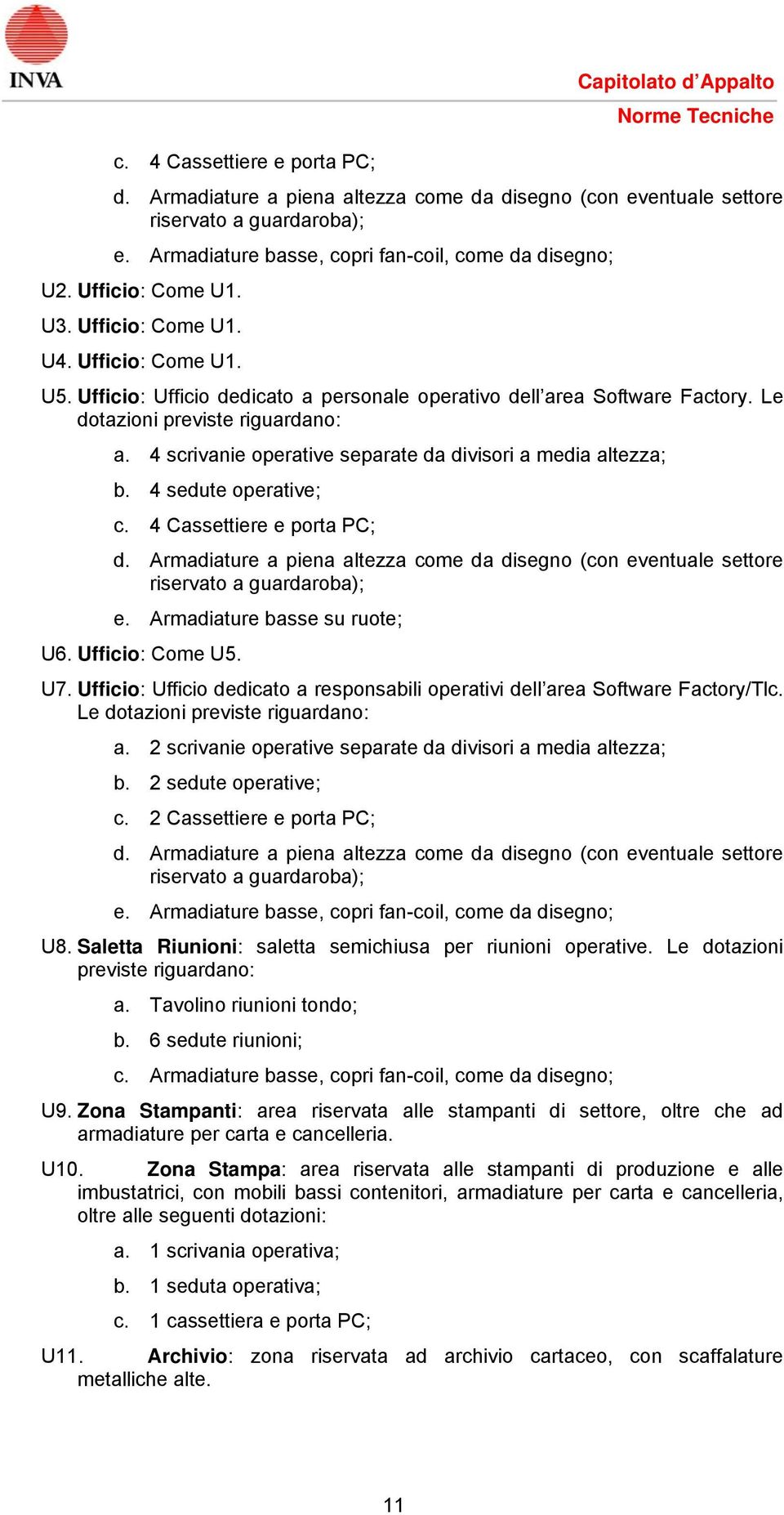 4 scrivanie operative separate da divisori a media altezza; b. 4 sedute operative; c. 4 Cassettiere e porta PC; d.