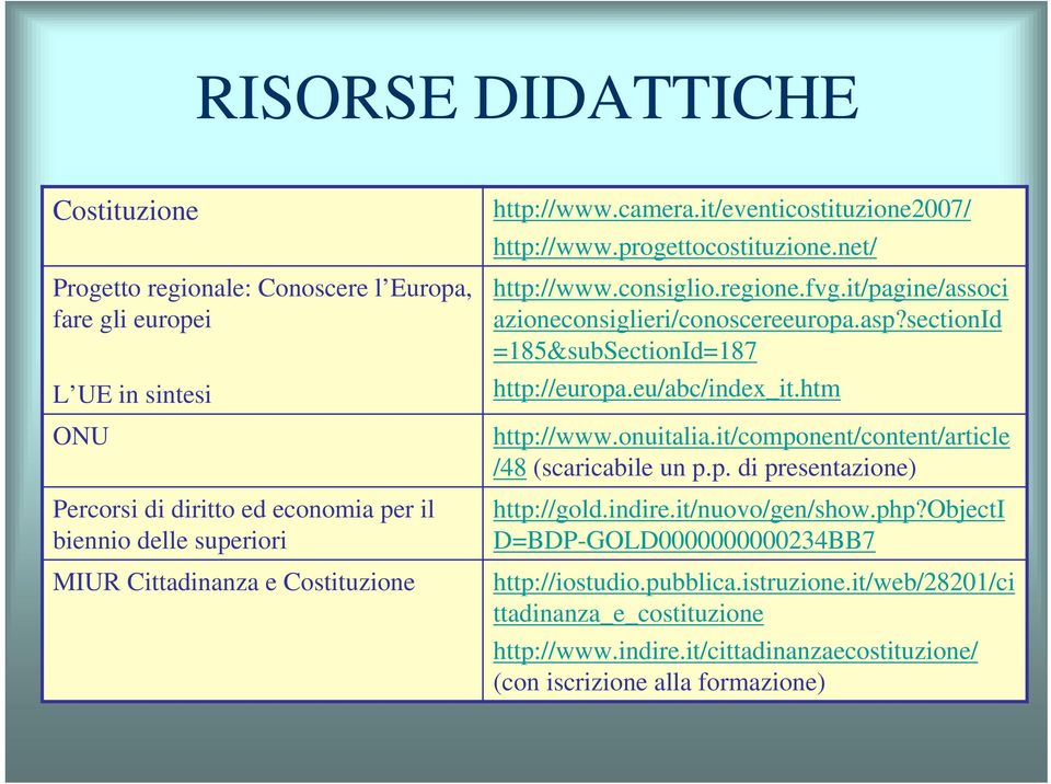 sectionid =185&subSectionId=187 http://europa.eu/abc/index_it.htm http://www.onuitalia.it/component/content/article /48 (scaricabile un p.p. di presentazione) http://gold.indire.