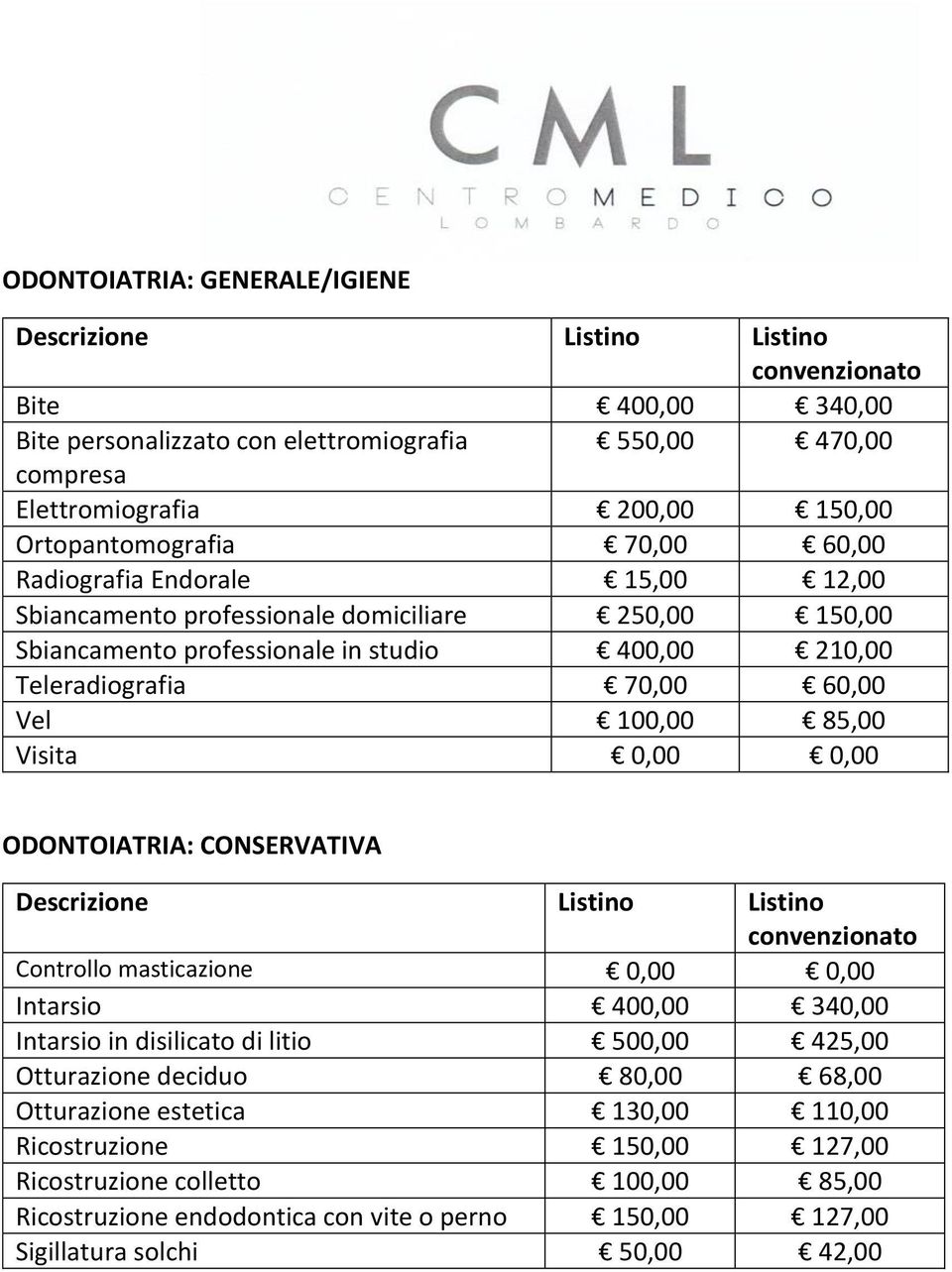 85,00 Visita 0,00 0,00 ODONTOIATRIA: CONSERVATIVA Controllo masticazione 0,00 0,00 Intarsio 400,00 340,00 Intarsio in disilicato di litio 500,00 425,00 Otturazione deciduo 80,00