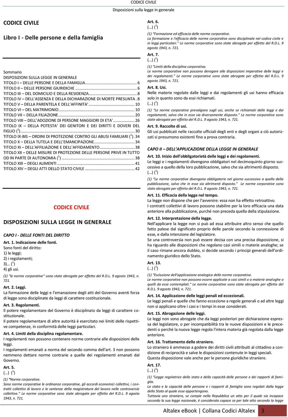 .. 10 TITOLO VI DEL MATRIMONIO... 10 TITOLO VII DELLA FILIAZIONE... 20 TITOLO VIII DELL ADOZIONE DI PERSONE MAGGIORI DI ETA.