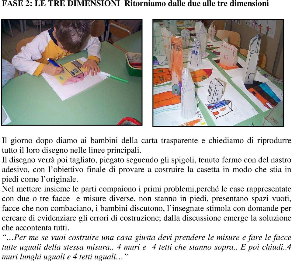 Nel mettere insieme le parti compaiono i primi problemi,perché le case rappresentate con due o tre facce e misure diverse, non stanno in piedi, presentano spazi vuoti, facce che non combaciano, i