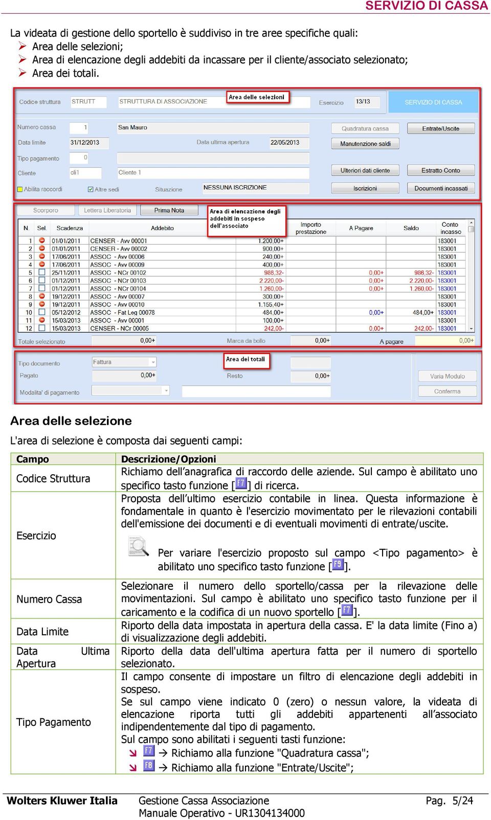 SERVIZIO DI CASSA Area delle selezione L'area di selezione è composta dai seguenti campi: Codice Struttura Esercizio Numero Cassa Data Limite Data Apertura Tipo Pagamento Ultima Richiamo dell