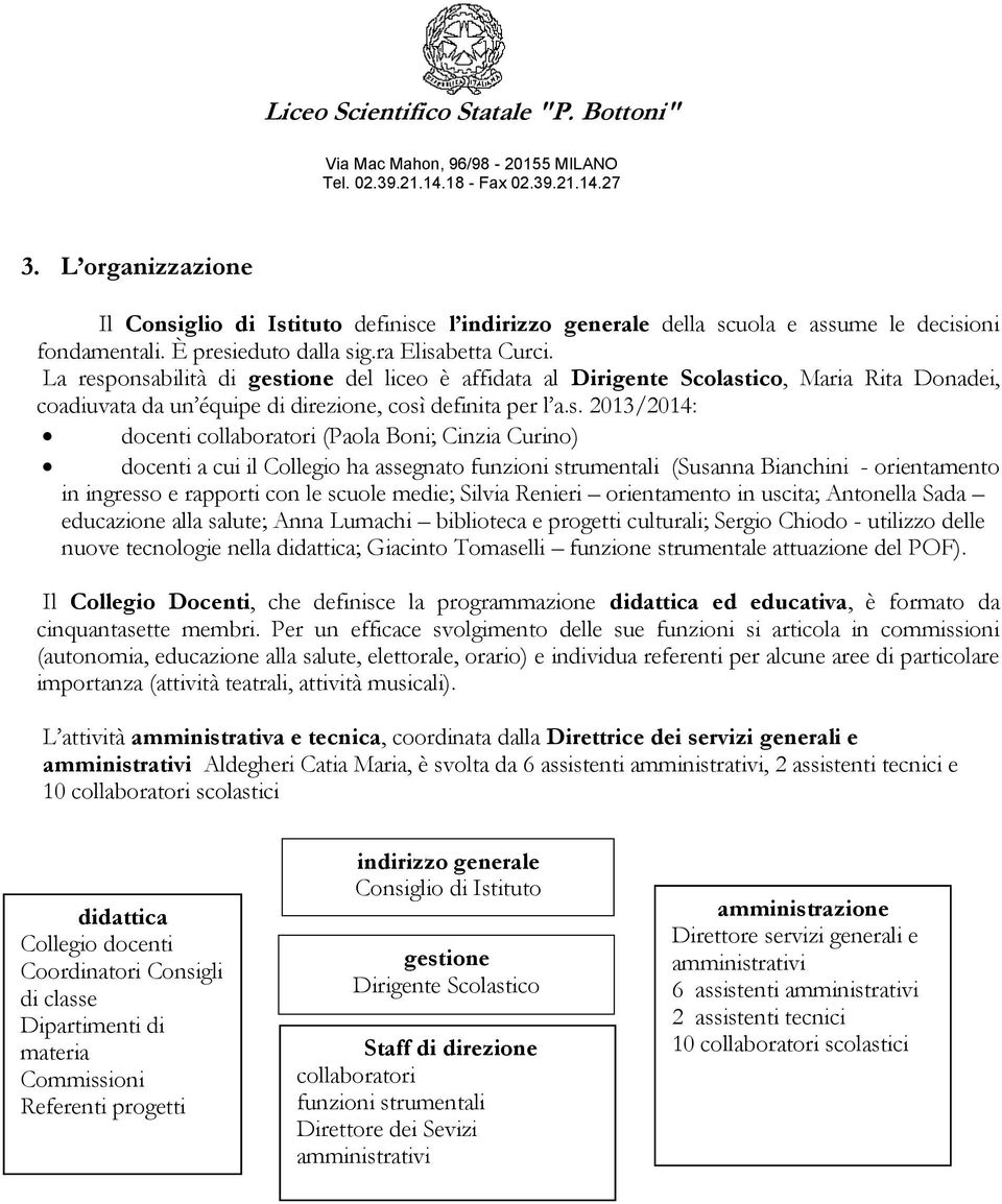 onsabilità di gestione del liceo è affidata al Dirigente Scolastico, Maria Rita Donadei, coadiuvata da un équipe di direzione, così definita per l a.s. 2013/2014: docenti collaboratori (Paola Boni;