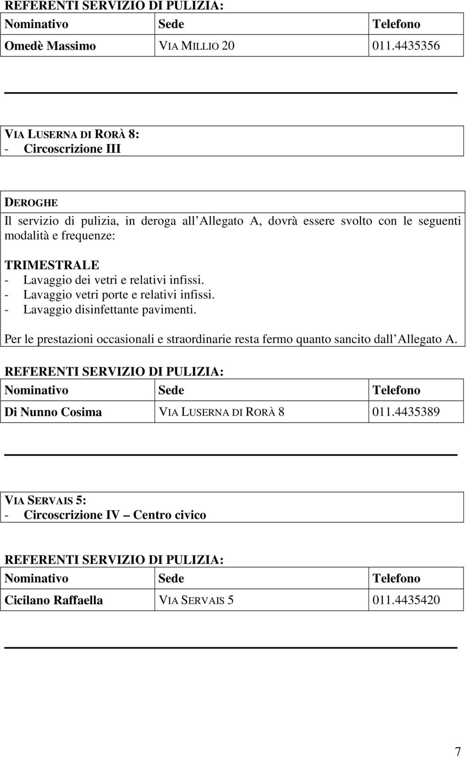 modalità e frequenze: TRIMESTRALE - Lavaggio dei vetri e relativi infissi. - Lavaggio vetri porte e relativi infissi.