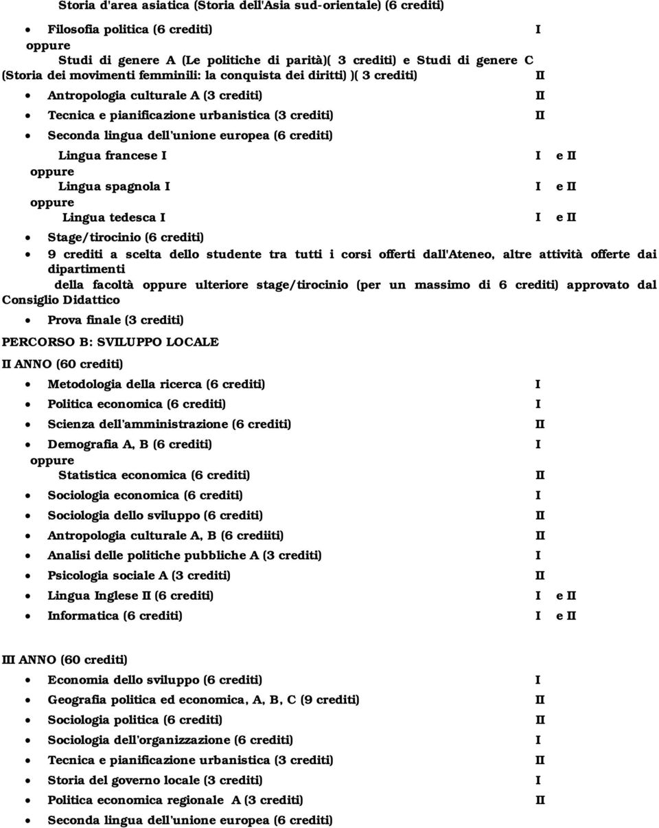 e Lingua spagnola e Lingua tedesca e Stage/tirocinio (6 crediti) 9 crediti a scelta dello studente tra tutti i corsi offerti dall'ateneo, altre attività offerte dai dipartimenti della facoltà