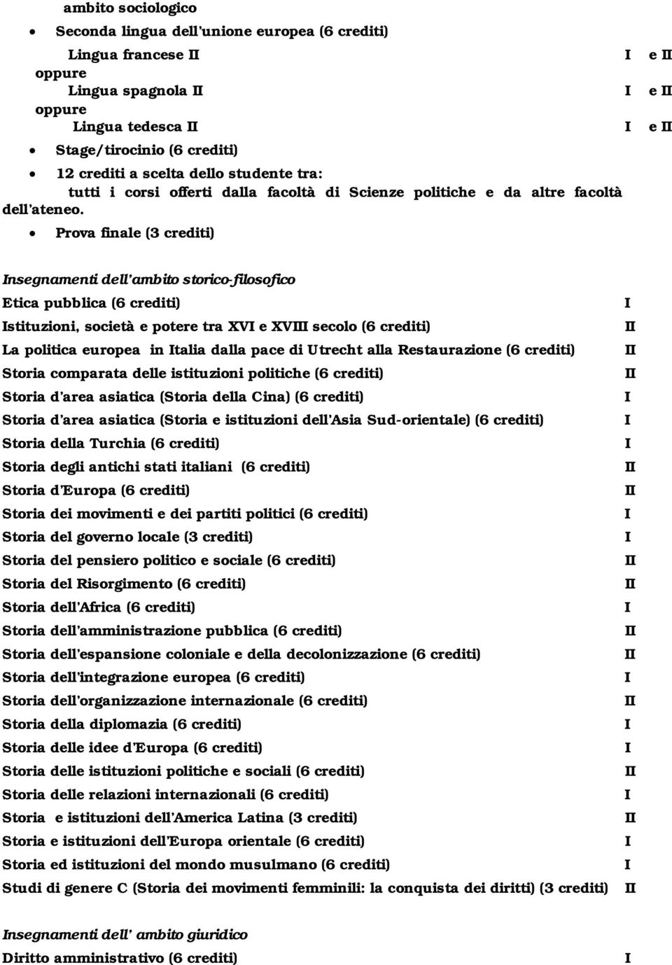 Prova finale (3 crediti) nsegnamenti dell ambito storico-filosofico Etica pubblica (6 crediti) stituzioni, società e potere tra XV e XV secolo (6 crediti) La politica europea in talia dalla pace di