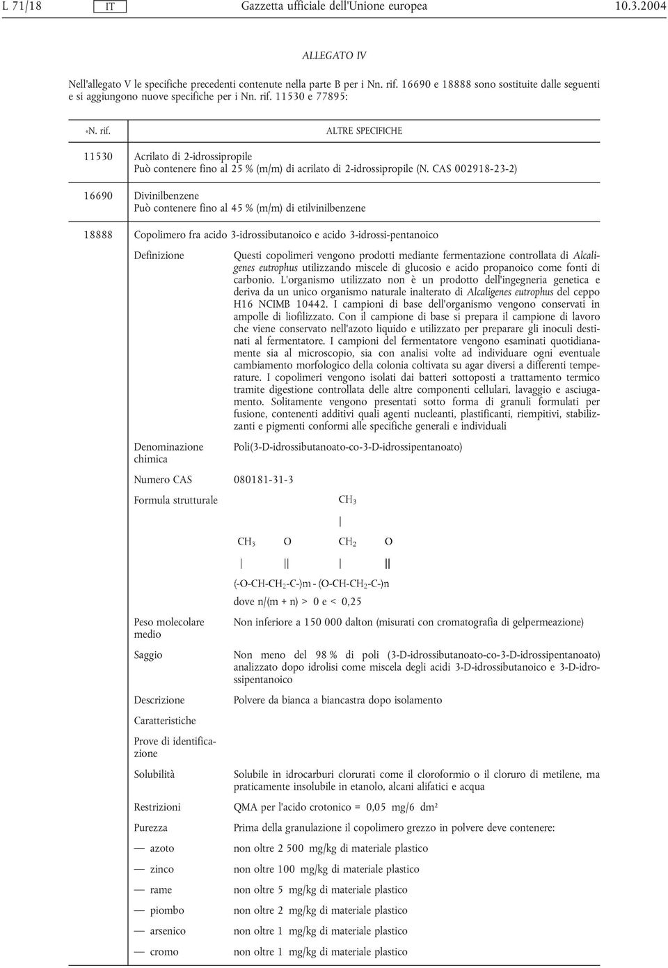 CAS 002918-23-2) 16690 Divinilbenzene Può contenere fino al 45 % (m/m) di etilvinilbenzene 18888 Copolimero fra acido 3-idrossibutanoico e acido 3-idrossi-pentanoico Definizione Questi copolimeri