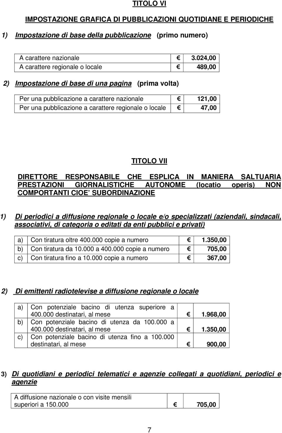 locale 47,00 TITOLO VII DIRETTORE RESPONSABILE CHE ESPLICA IN MANIERA SALTUARIA PRESTAZIONI GIORNALISTICHE AUTONOME (locatio operis) NON COMPORTANTI CIOE SUBORDINAZIONE 1) Di periodici a diffusione