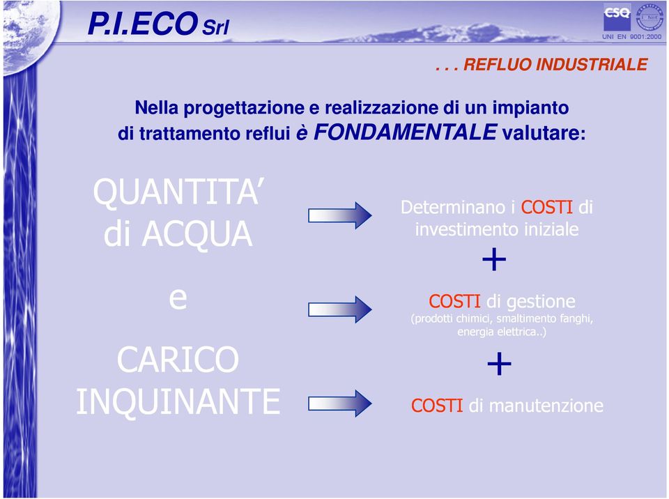 INQUINANTE Determinano i COSTI di investimento iniziale + COSTI di gestione