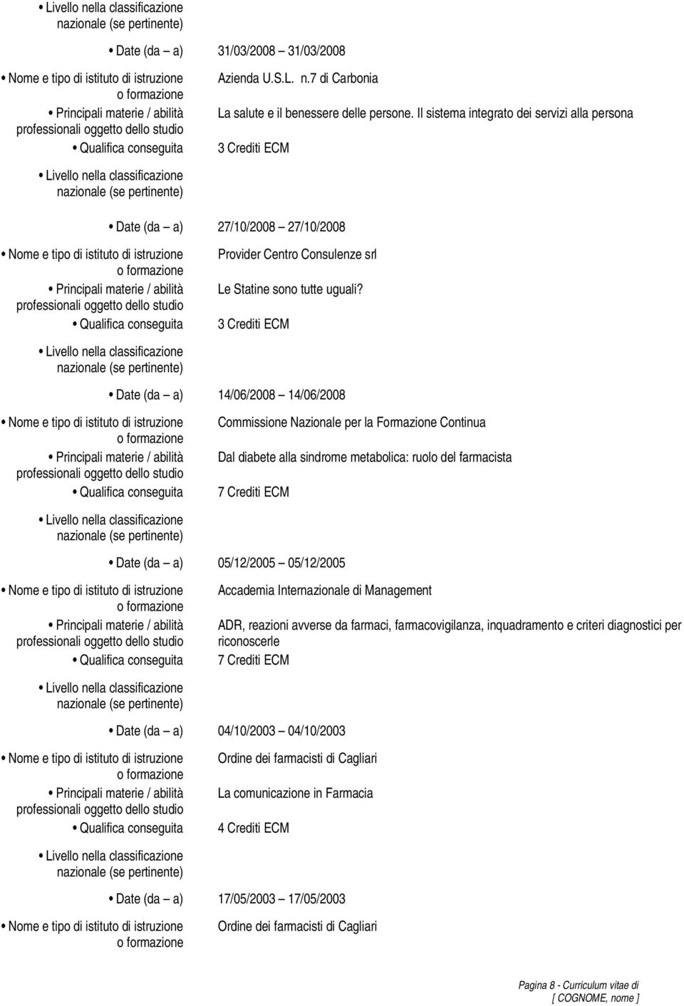 3 14/06/2008 14/06/2008 Commissione Nazionale per la Formazione Continua Dal diabete alla sindrome metabolica: ruolo del farmacista 7 05/12/2005 05/12/2005 Accademia