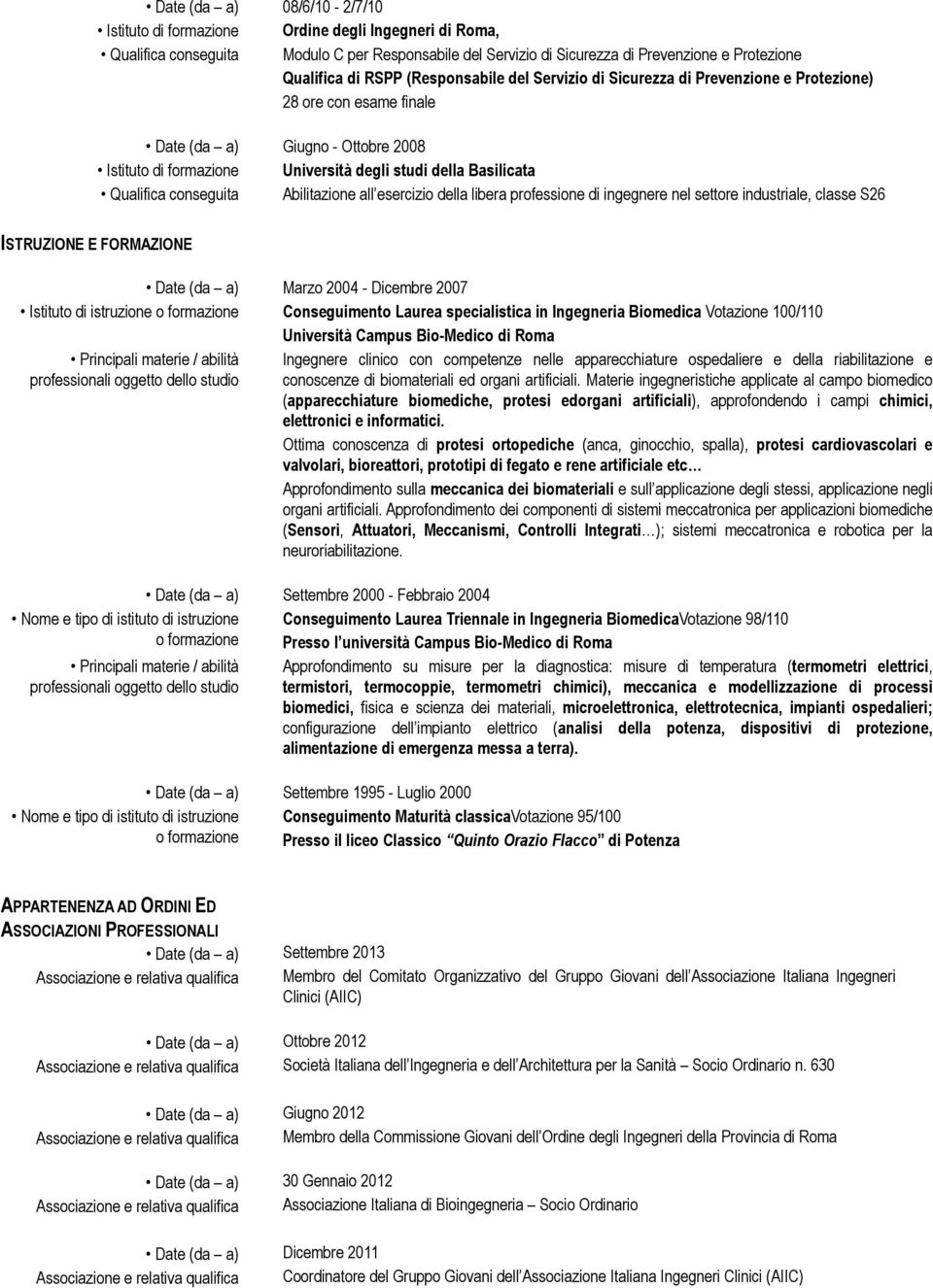 Abilitazione all esercizio della libera professione di ingegnere nel settore industriale, classe S26 ISTRUZIONE E FORMAZIONE Marzo 2004 - Dicembre 2007 Istituto di istruzione o formazione