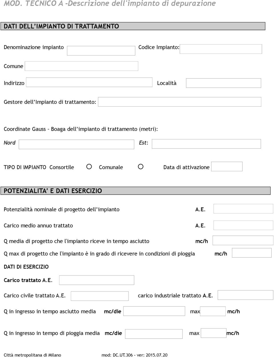 impianto A.E. Carico medio annuo trattato Q media di progetto che l'impianto riceve in tempo asciutto A.E. mc/h Q max di progetto che l'impianto è in grado di ricevere in condizioni di pioggia mc/h DATI DI ESERCIZIO Carico trattato A.